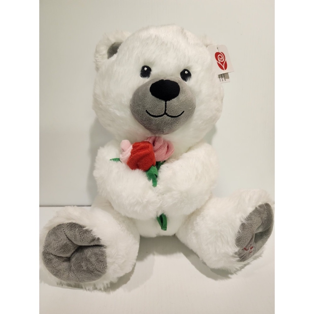 American Greetings White Plush Teddy Bear with red/pink roses  Love on paw